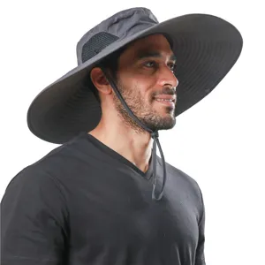 Close-up detail of dark gray wide brim sun hat with breathable mesh and adjustable chin strap.