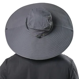 Detail view of the wide brim sun hat showcasing rear wearing effect and mesh details.