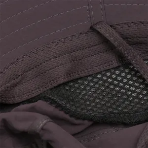 Close-up detail of the breathable mesh interior and precise stitching on the brown sun hat.