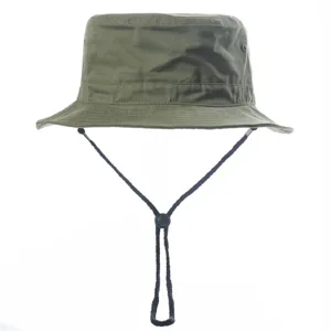 Close-up detail of outdoor green bucket hat with black adjustable chin strap for sun protection.