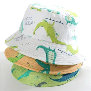 Children cute crocodile print cotton bucket hat detail, outdoor sun protection sunhat.