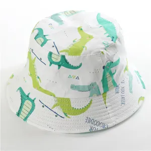 Kids cotton bucket hat with cute cartoon crocodile print, perfect for outdoor summer sun protection.
