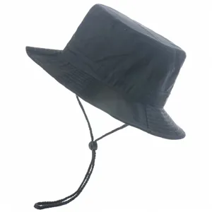 Detailed view of the black bucket hat featuring an adjustable chin strap for outdoor sun protection.