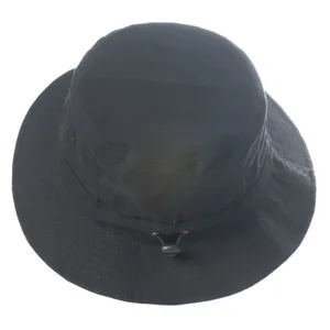Black bucket hat detail view showing adjustable cord and breathable fabric for sun protection