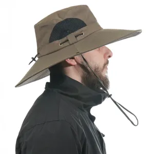 Side detail view of outdoor sun hat with breathable mesh panels and adjustable chin cord.