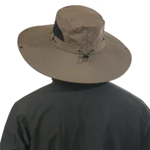 Detail view of summer outdoor breathable sun hat with wide brim, mesh and adjustable drawstring