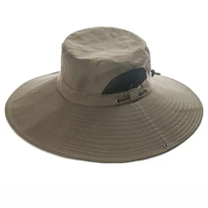 Detail view of breathable wide-brim sun hat for outdoor hiking, fishing and summer travel.