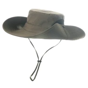 Detail of breathable outdoor sun hat with wide brim, adjustable chin strap, and mesh panels.