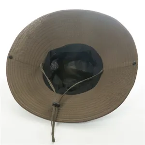 Outdoor sun hat detail showing wide brim, adjustable windproof drawstring and breathable mesh.