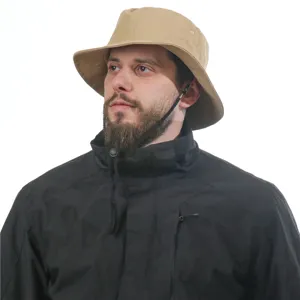 Classic khaki bucket hat for men and women, wide brim sun protection outdoor hiking cap.