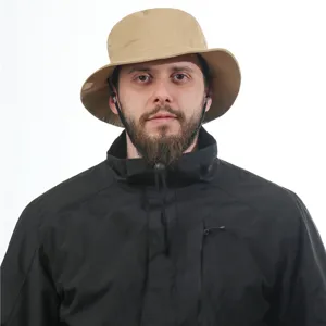 Khaki outdoor bucket hat with adjustable chin strap, sun protection design for men.