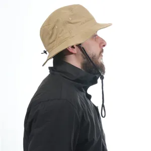 Side view detail of a khaki outdoor bucket hat with adjustable chin strap and breathable eyelets.