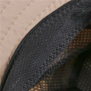 Detailed close-up view of the summer outdoor fishing sun hat mesh lining and fine stitching.