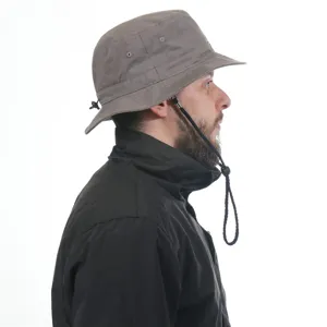 Outdoor grey bucket hat for men and women, sun protection sunhat with adjustable chin strap.