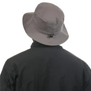 Grey bucket hat detail, sun protection design with adjustable drawstring, perfect summer outdoor accessory.