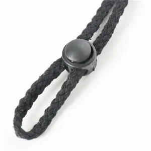 Adjustable black cord lock stopper and braided wind rope detail for bucket hat accessory