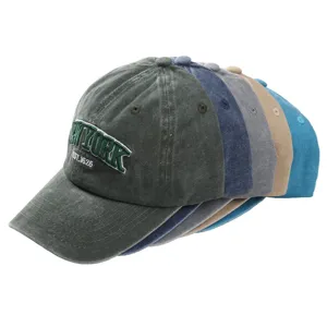 Washed cotton baseball cap for men and women, vintage stacked design with embroidery details.