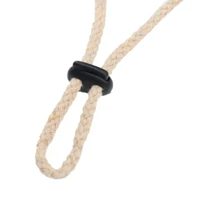 Close-up detail of adjustable braided chin cord and black plastic stopper for hats.