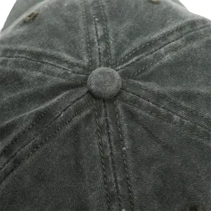Washed cotton baseball cap crown detail, vintage style close-up presentation.