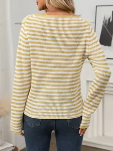 Back view of casual yellow white striped knit pullover sweater, loose long sleeve design.