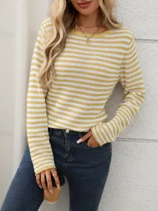 Detail view of women's casual round neck striped knitted sweater, cozy loose pullover top.