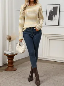 Detailed view of the casual striped round-neck long sleeve loose sweater for women autumn.