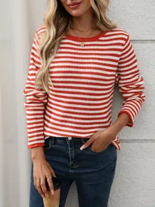 Close-up detail of a casual red and white striped knit sweater, soft texture, comfortable fit.