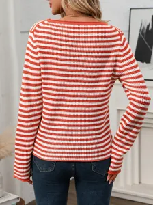 Back view detail of casual striped knit sweater for women, showcasing cozy pullover design.