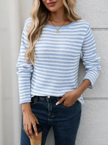 Casual blue white striped loose pullover sweater for women autumn winter daily wear style.