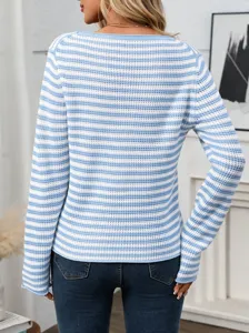 Detailed view of a casual blue and white striped knit sweater worn by a model from behind.