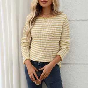 Women casual yellow white striped crewneck knit sweater long sleeve pullover top main view