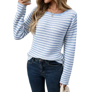 Blue and white striped crew neck long sleeve sweater casual loose knit pullover top for women