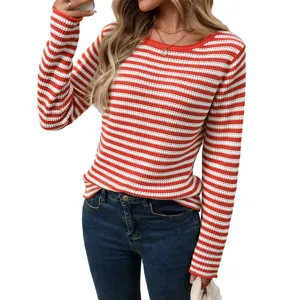Red and white striped long sleeve knit sweater women casual crewneck pullover top.