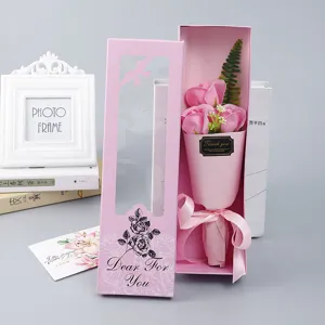Pink 3 rose soap flower gift box bouquet with window display for Valentine day present