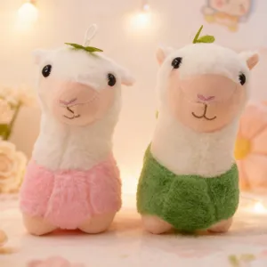 Cute plush alpaca sheep doll with leaf hat, soft toy for claw machine, lovely gift and home decor.