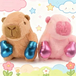 Cute capybara plush toy with boxing gloves, soft stuffed animal doll for gifts and claw machines.
