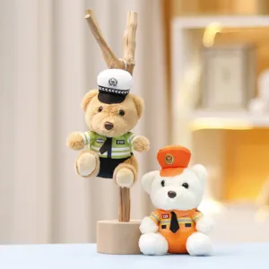 Cute police and firefighter plush bear keychain charms, soft stuffed animal doll pendants for bags.