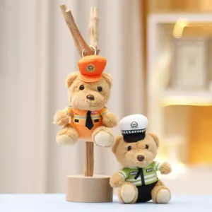 Cute police and fire bear plush keychain pendants, soft stuffed animal bag charms and toys.