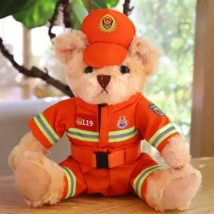 Cute firefighter plush bear toy wearing uniform and cap, soft stuffed animal gift for kids.