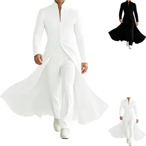 Men's long stand collar tuxedo coat suit, elegant single button A-line banquet formal wear.
