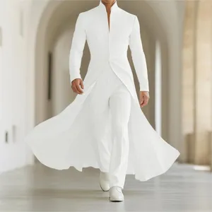 Details of the white men's long coat banquet suit, featuring a stand collar and flared A-line hem.
