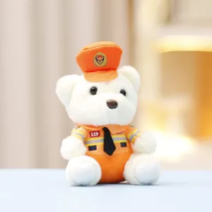 Cute firefighter plush bear pendant, soft stuffed animal doll keychain for bag decoration.