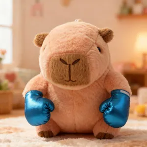 Cute capybara plush toy wearing metallic blue boxing gloves soft stuffed animal doll gift