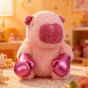 Cute pink capybara plush toy with shiny boxing gloves, soft stuffed animal doll for gifts.
