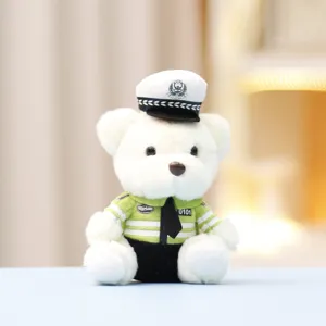 Cute traffic police bear plush toy pendant, soft stuffed doll bag ornament and keychain accessory.