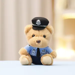 Cute police bear plush toy pendant, soft fluffy material, detailed uniform and police hat design.