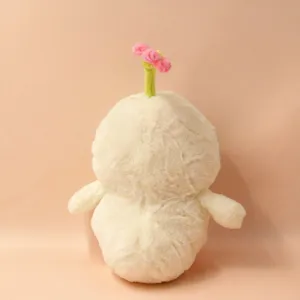 Cute happy chick plush toy doll, soft stuffed animal with flower, great desktop gift.