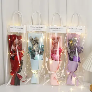Valentine Day Gift Bunny Plush Gypsophila Dried Flower Bouquet With LED Light Handheld Transparent Bag Home Decor