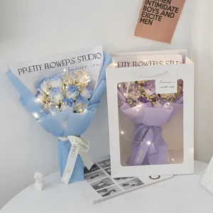 Artificial Soap Rose Gypsophila Dried Flower Bouquet With LED Light Gift Bag Romantic Valentine Day Gift Party Decor
