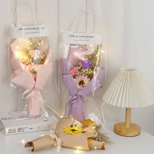 Valentine Day Soap Rose Flower Bouquet With Dried Baby Breath Sunflower LED Light Gift Bag Romantic Party Decor Gift
